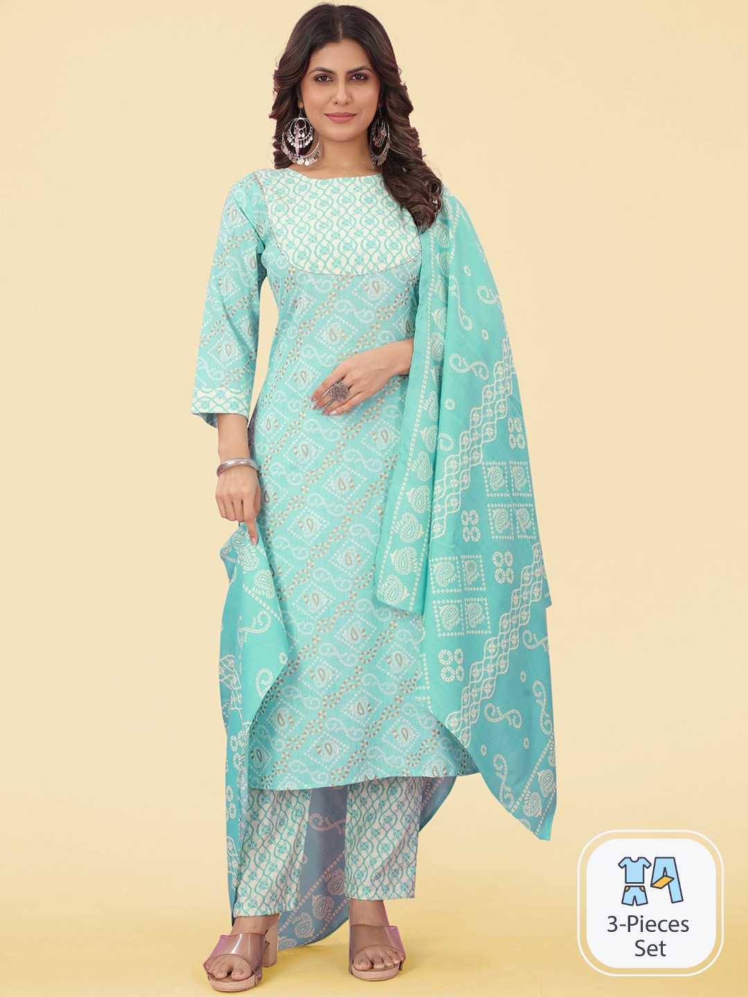 

Bridha Bandhani Printed Kurta With Trousers & Dupatta, Turquoise blue