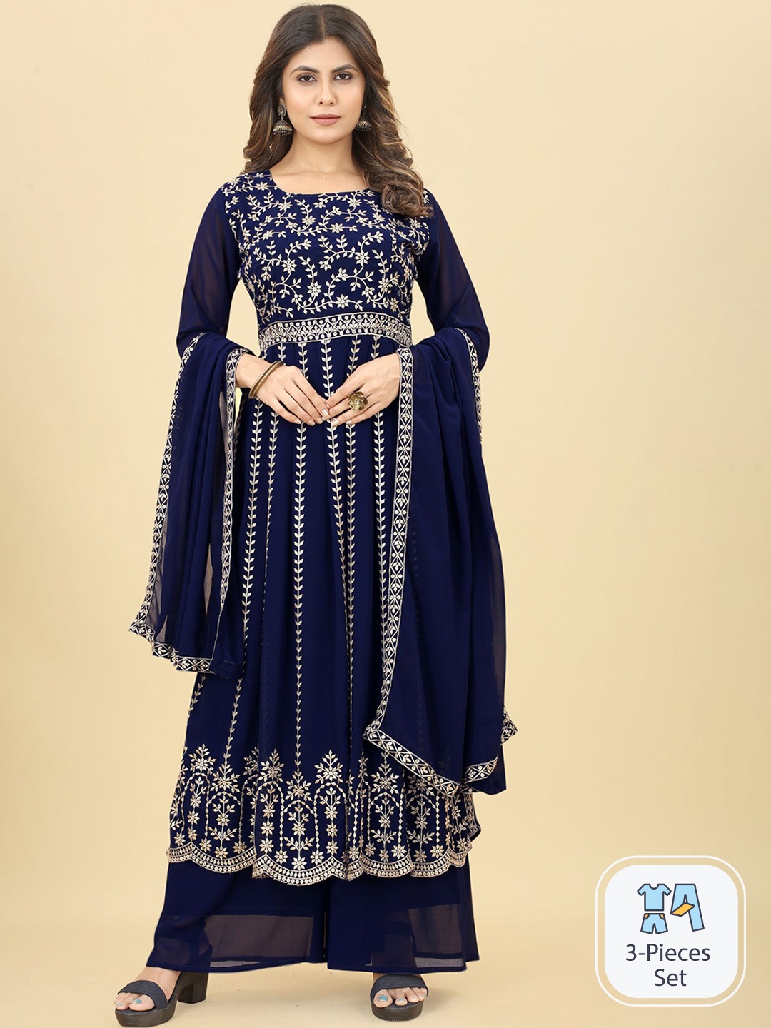

Bridha Ethnic Motifs Embroidered Pleated Sequinned Kurta With Palazzos & Dupatta, Navy blue