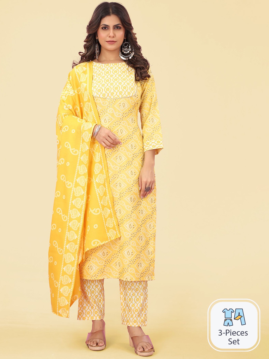 

Bridha Bandhani Printed Regular Gotta Patti Straight Kurta With Trousers & Dupatta, Yellow