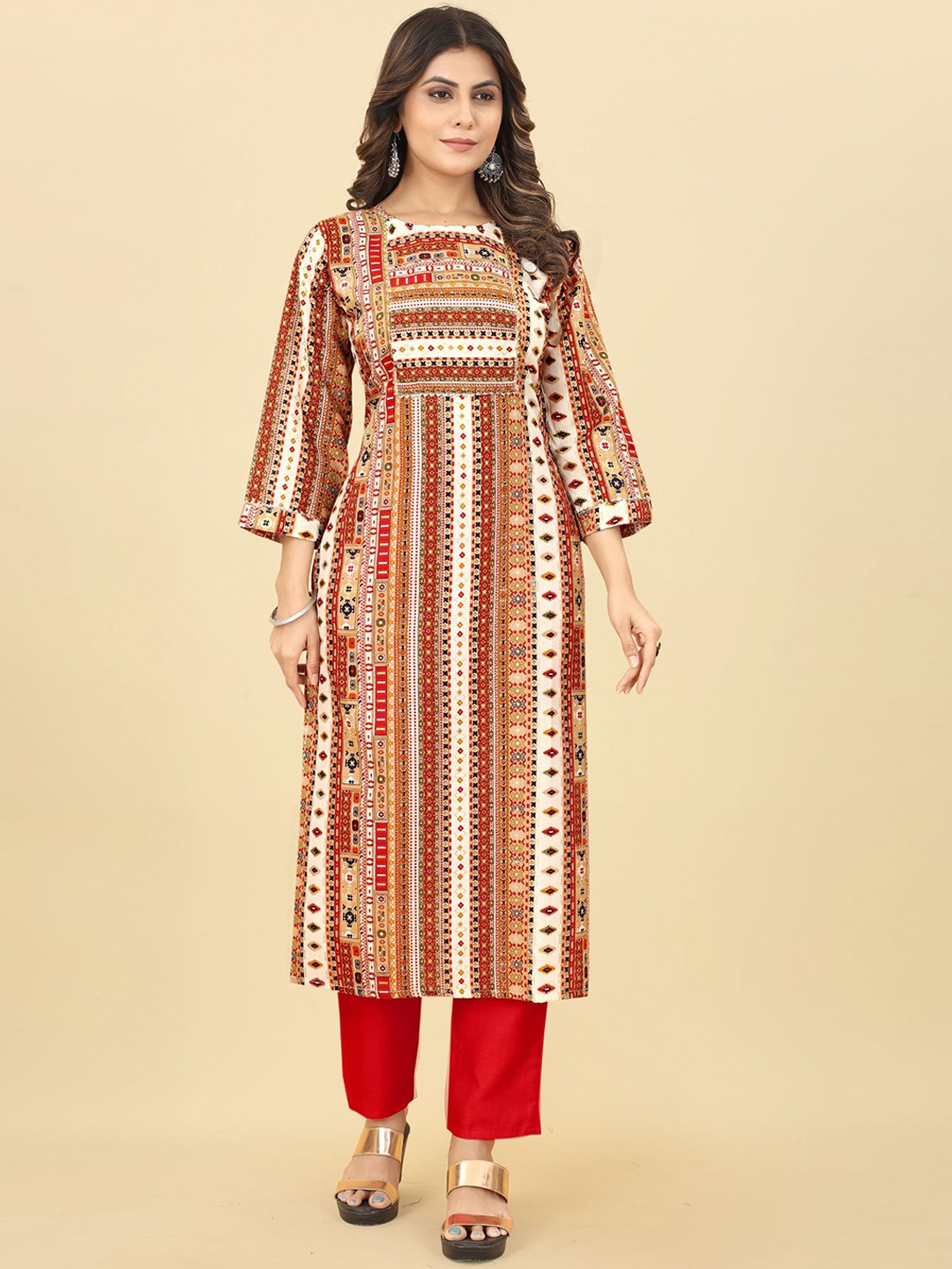 

Bridha Ethnic Motifs Printed Gotta Patti Straight Kurta With Trousers, Cream
