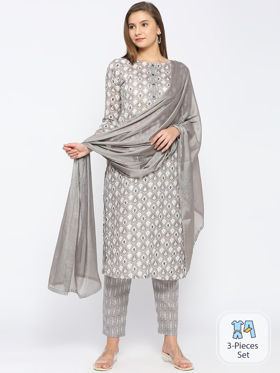 

Anuthi Ethnic Motifs Printed Kurta with Trousers & With Dupatta, Grey