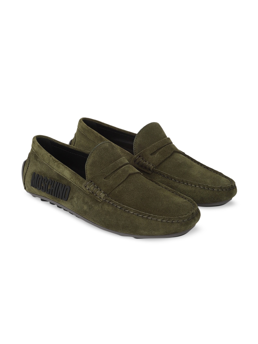 

MOSCHINO COUTURE Men Side Branding Suede Driving Shoes, Olive