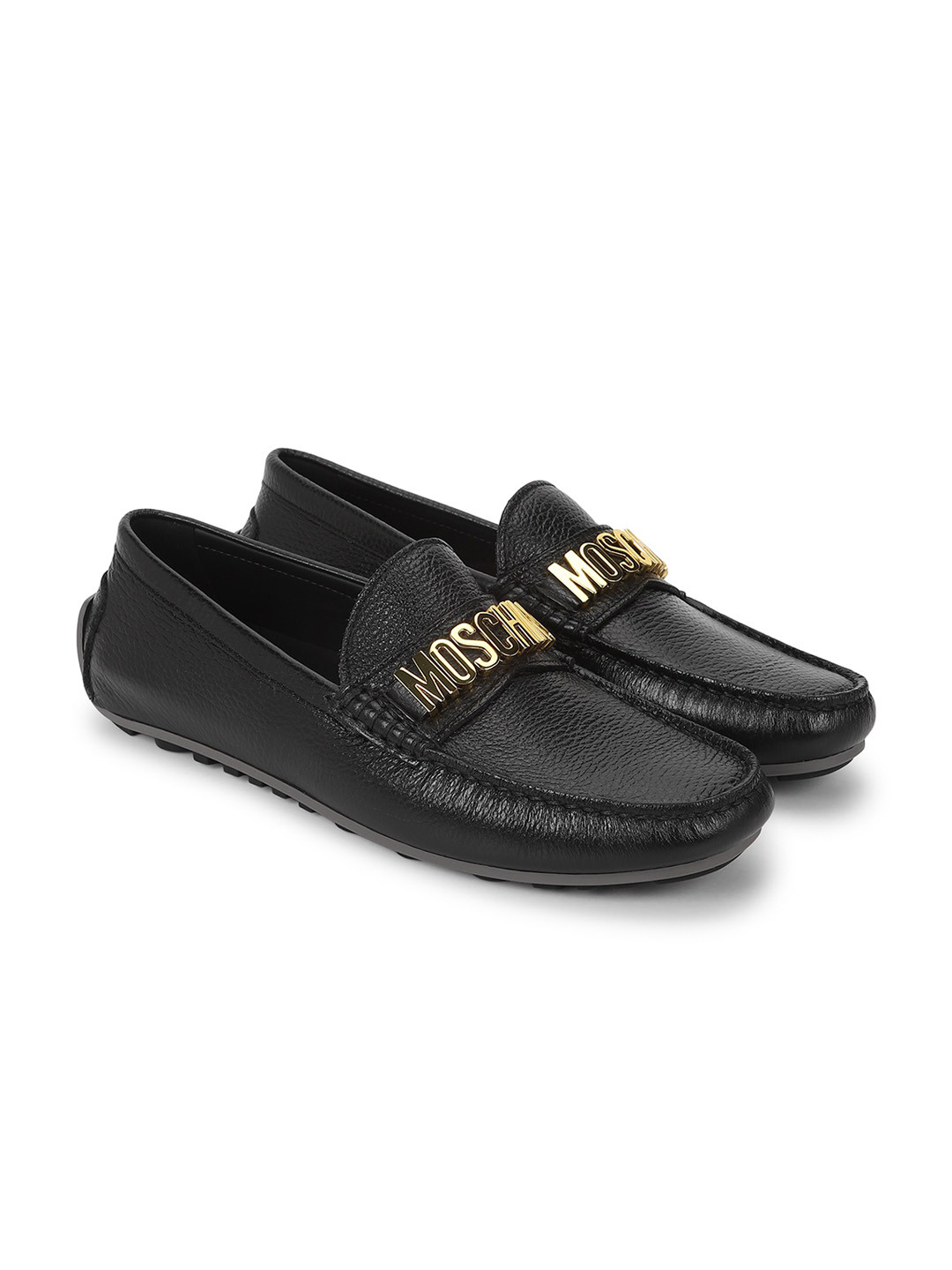 

MOSCHINO COUTURE Men Textured Top Branding Leather Driving Shoes, Black