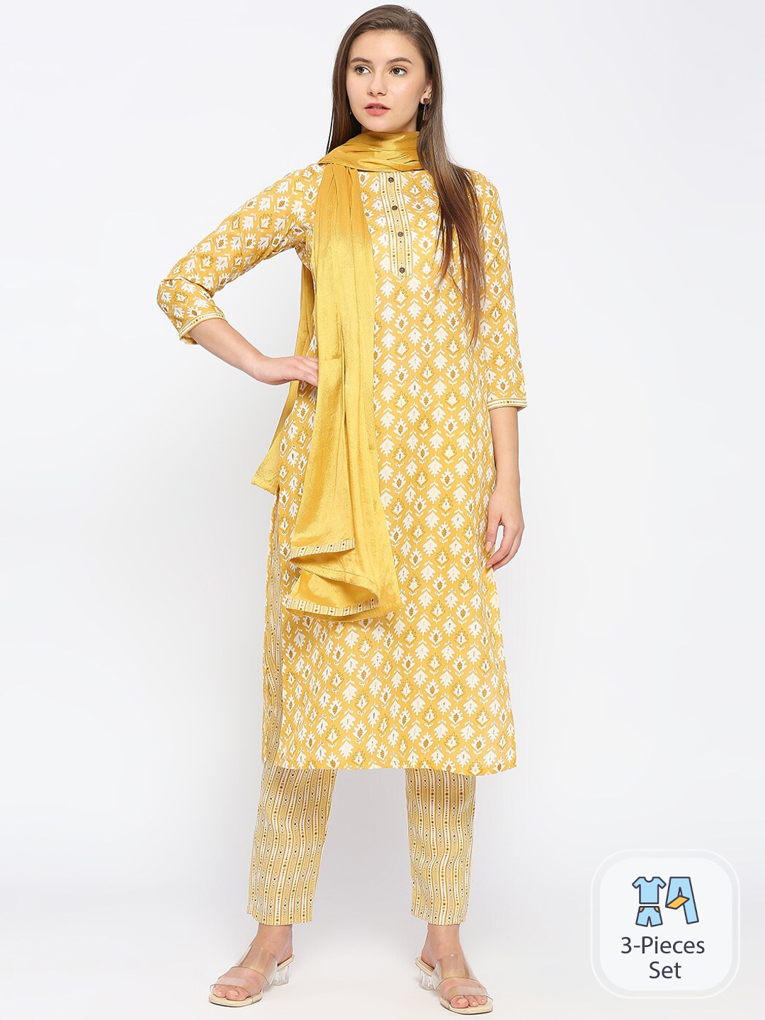

Anuthi Ethnic Motifs Printed Kurta With Trousers & Dupatta, Yellow
