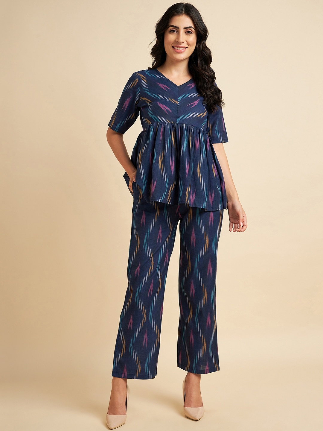 

Azira Printed Pure Cotton Tunic & Trousers Co-Ords, Blue