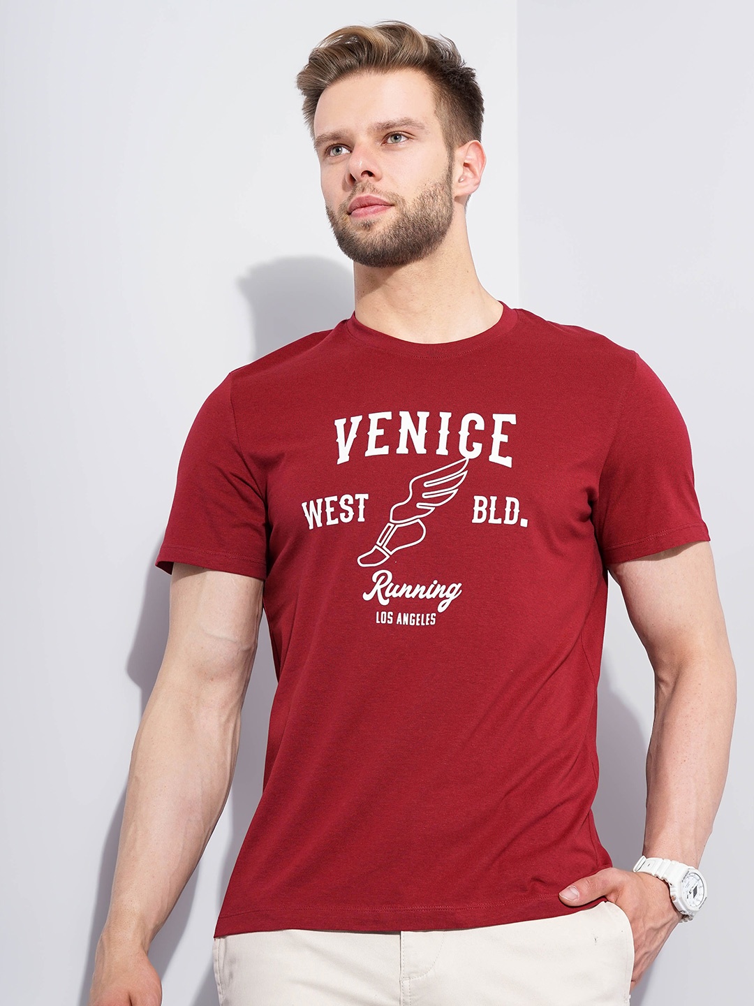 Celio Typography Printed Cotton T-shirt, Red