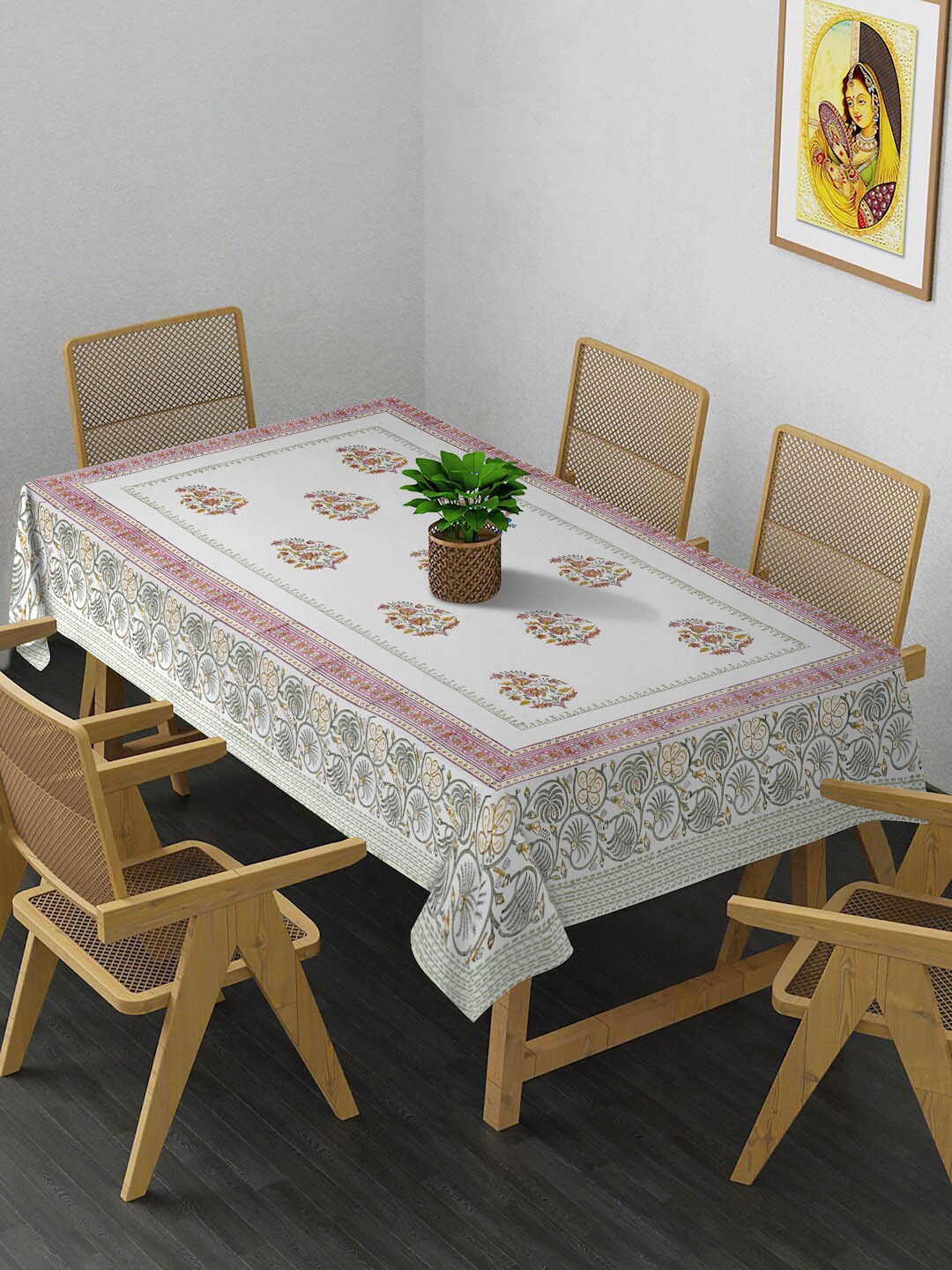 

Rajasthan Decor White & Pink Printed Cotton 6-Seater Table Cover
