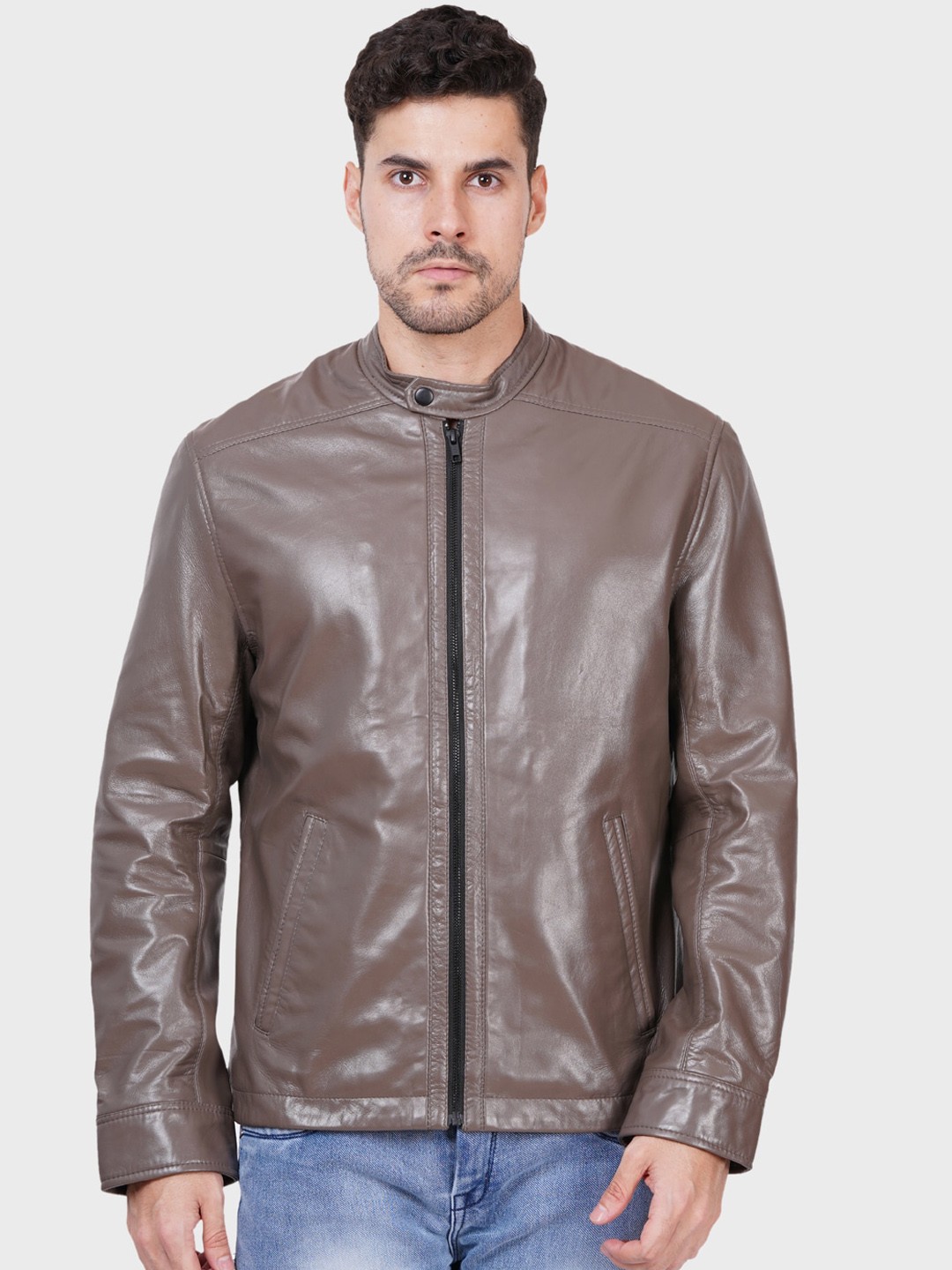 

Justanned Stand Collar Leather Jacket, Grey