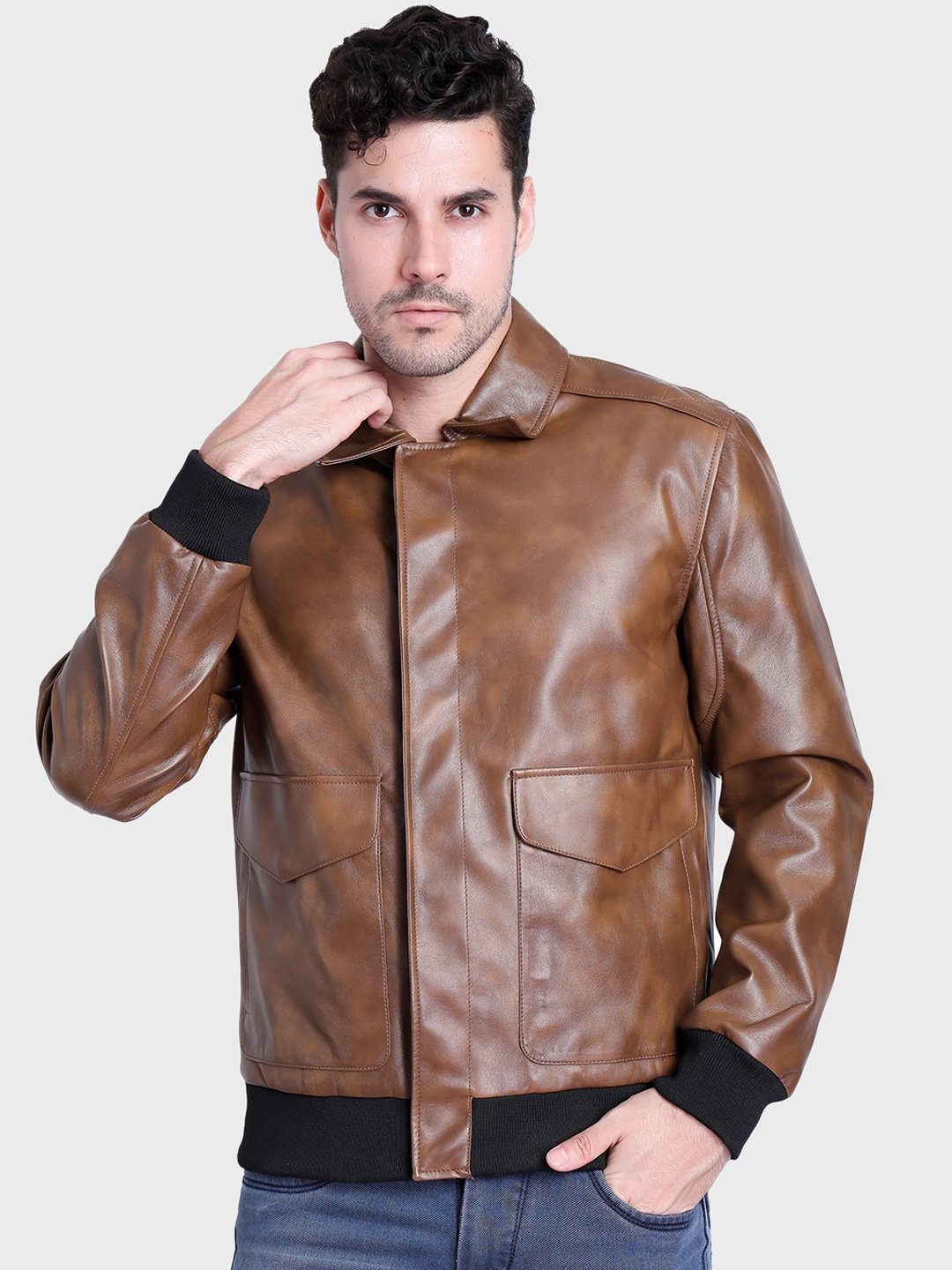 

Justanned Faux Leather Spread Collar Biker Jacket, Brown