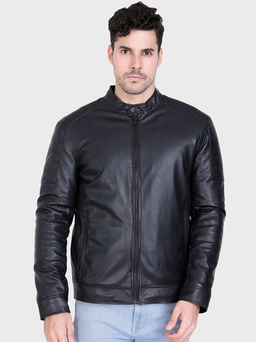 

Justanned Leather Stand Collar Biker Jacket, Black