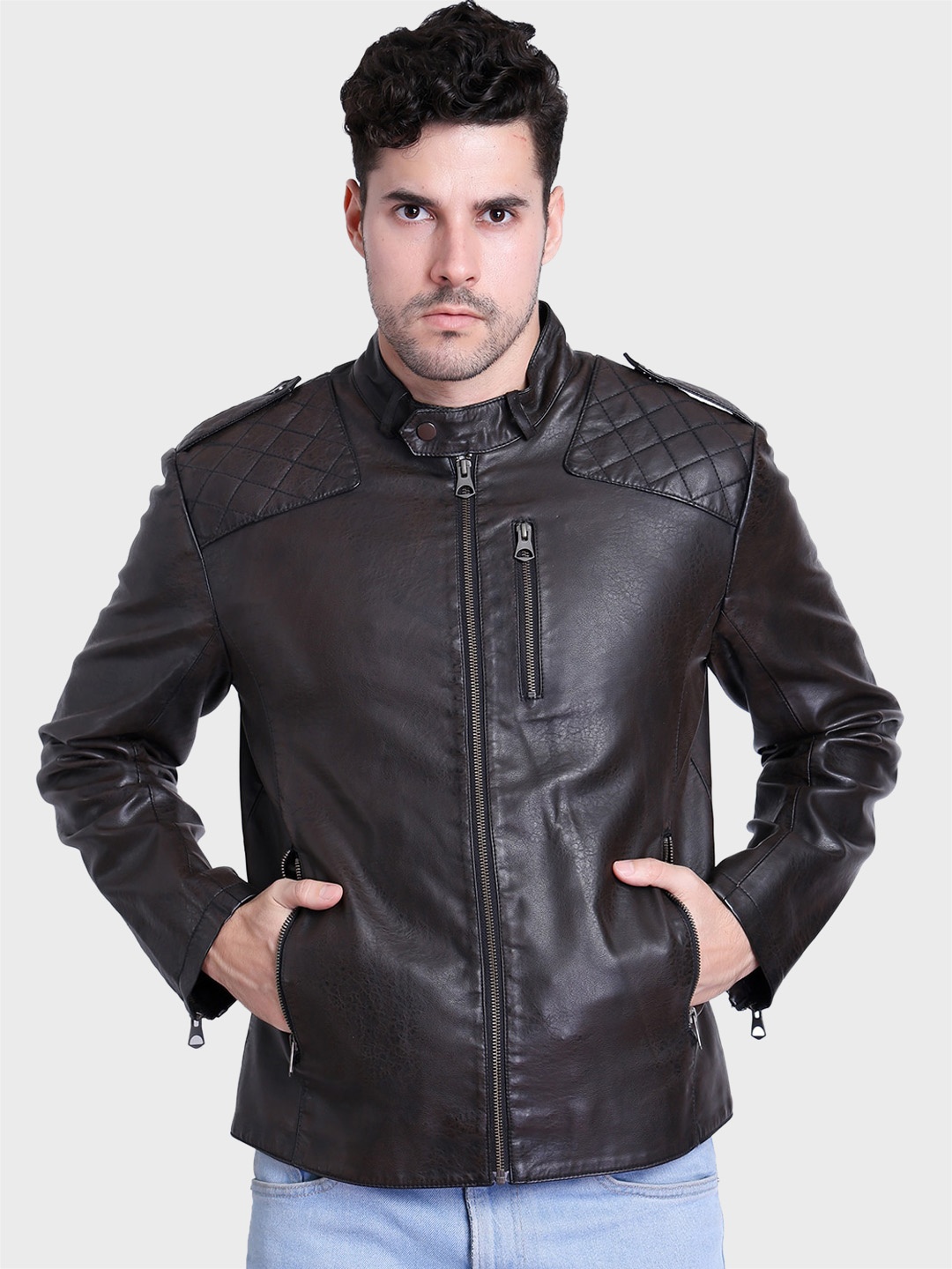 

Justanned Zip Detailed Stand Collar Biker Jacket, Brown