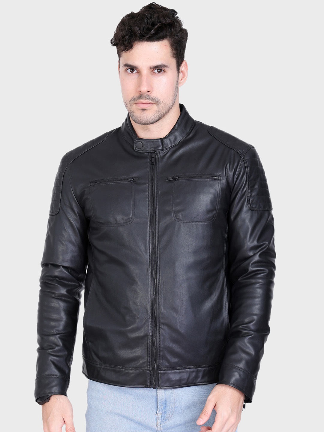 

Justanned Leather Stand Collar Biker Jacket, Black