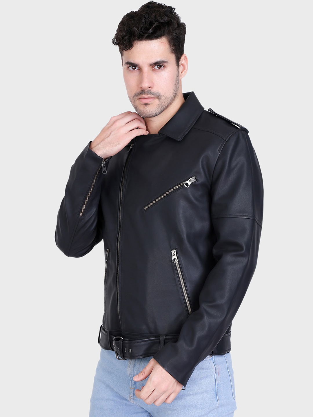 

Justanned Faux Leather Spread Collar Biker Jacket, Black