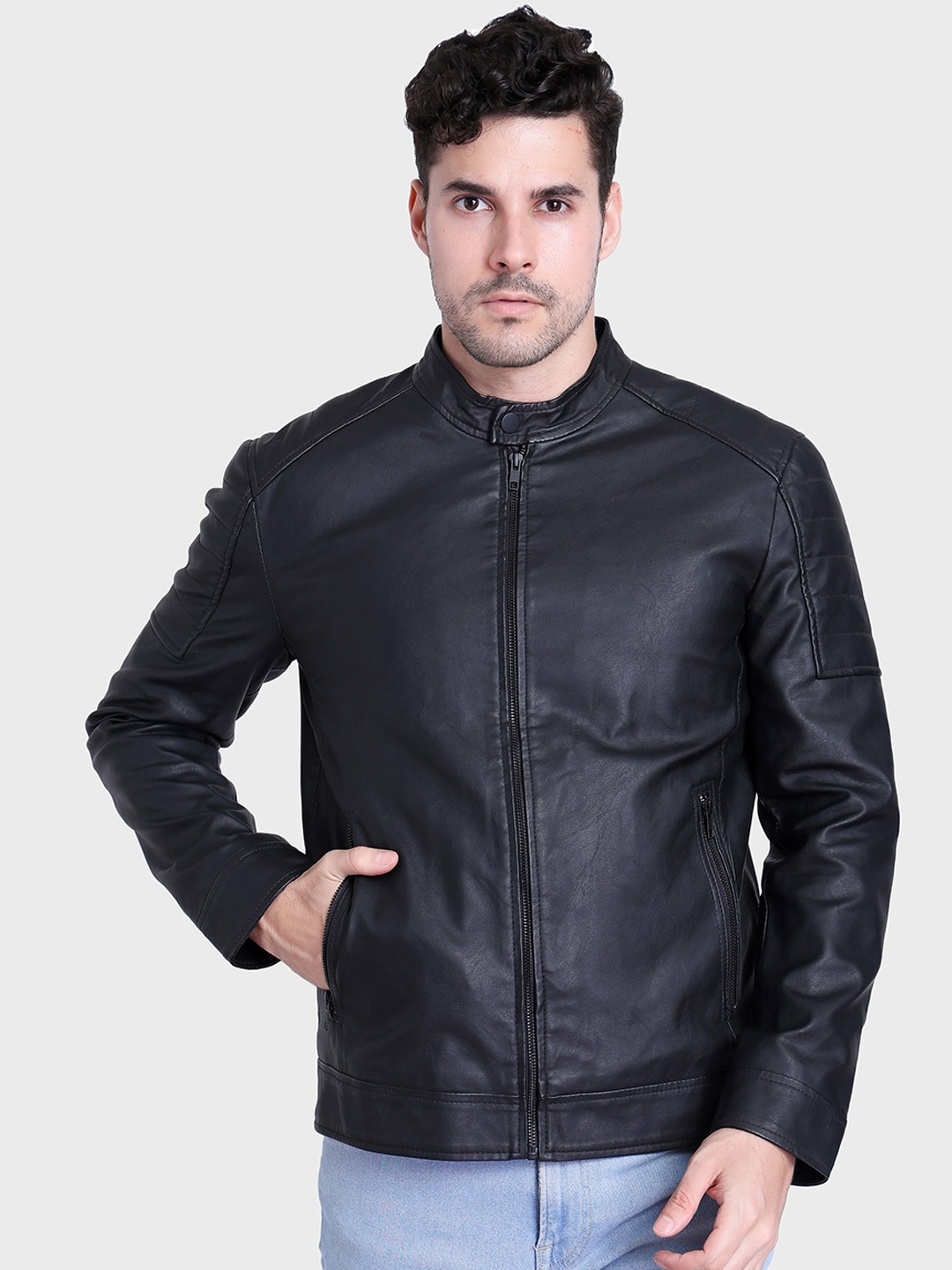 

Justanned Faux Leather Stand Collar Biker Jacket, Black