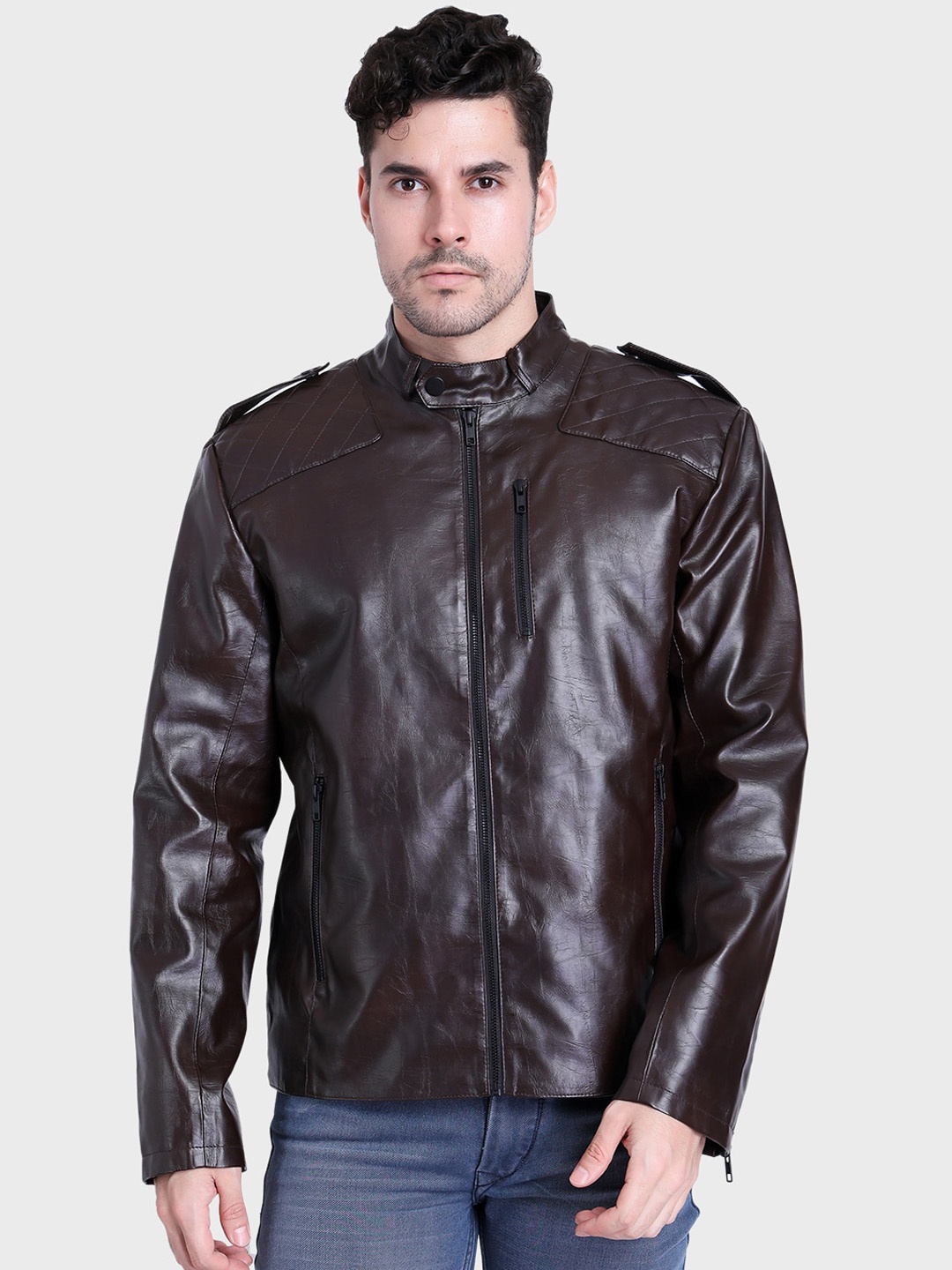 

Justanned Faux Leather Stand Collar Biker Jacket, Burgundy