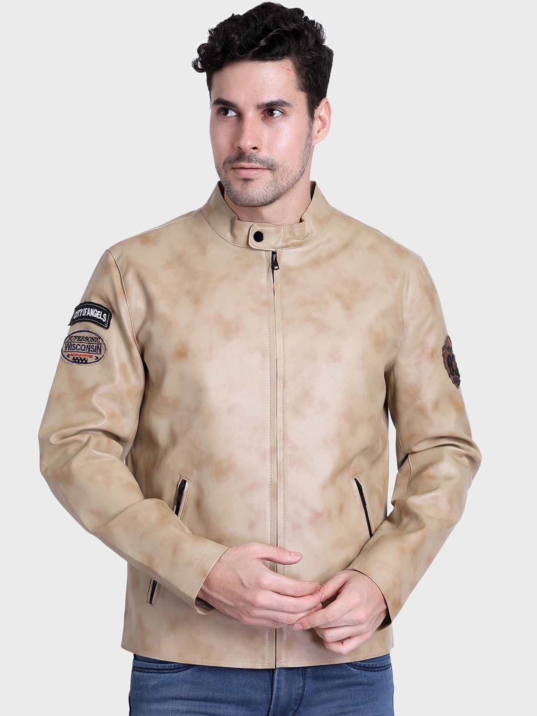 

Justanned Patchwork Detailed Stand Collar Biker Jacket, Beige