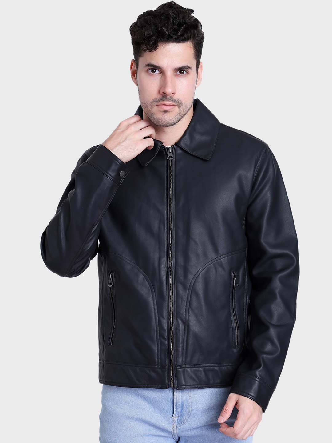 

Justanned Faux Leather Spread Collar Biker Jacket, Black