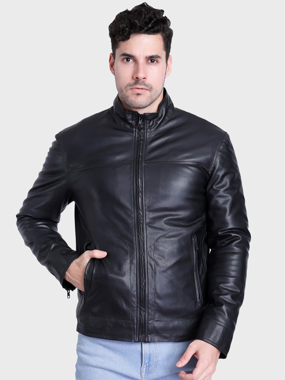 

Justanned Faux Leather Mock Collar Biker Jacket, Black