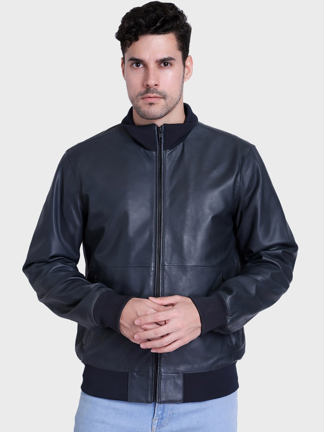 

Justanned Mock Collar Leather Jacket, Blue