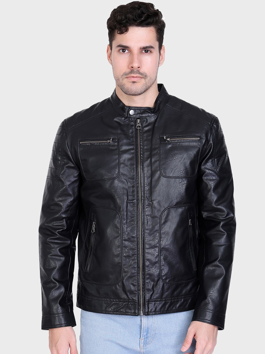

Justanned Zip Detailed Stand Collar Biker Jacket, Black