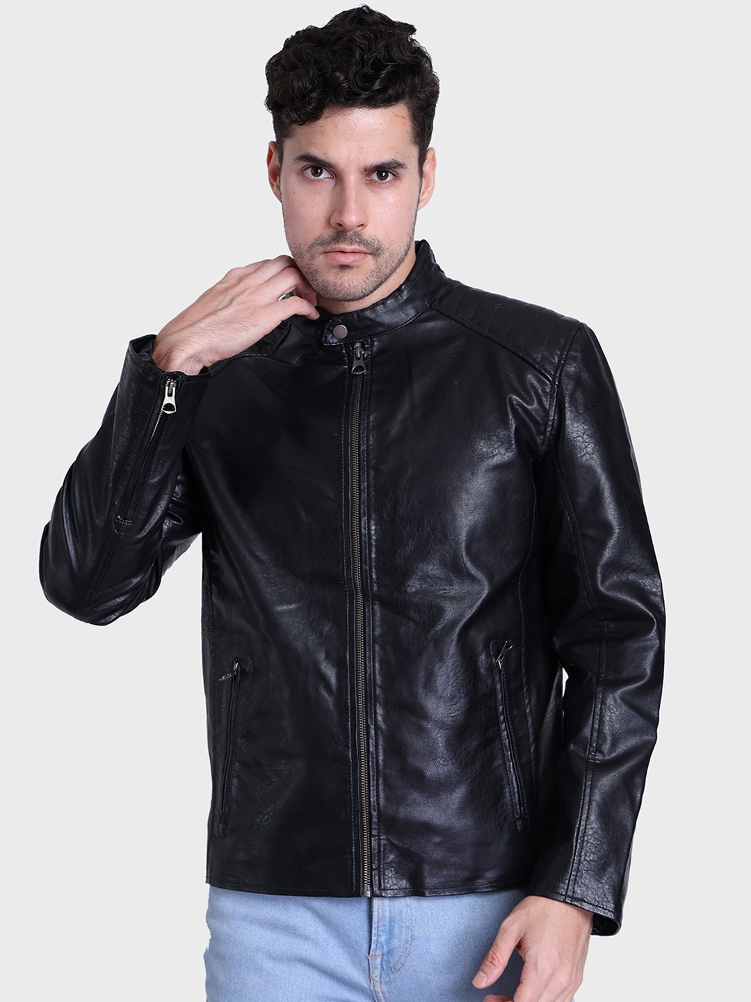

Justanned Faux Leather Stand Collar Biker Jacket, Black