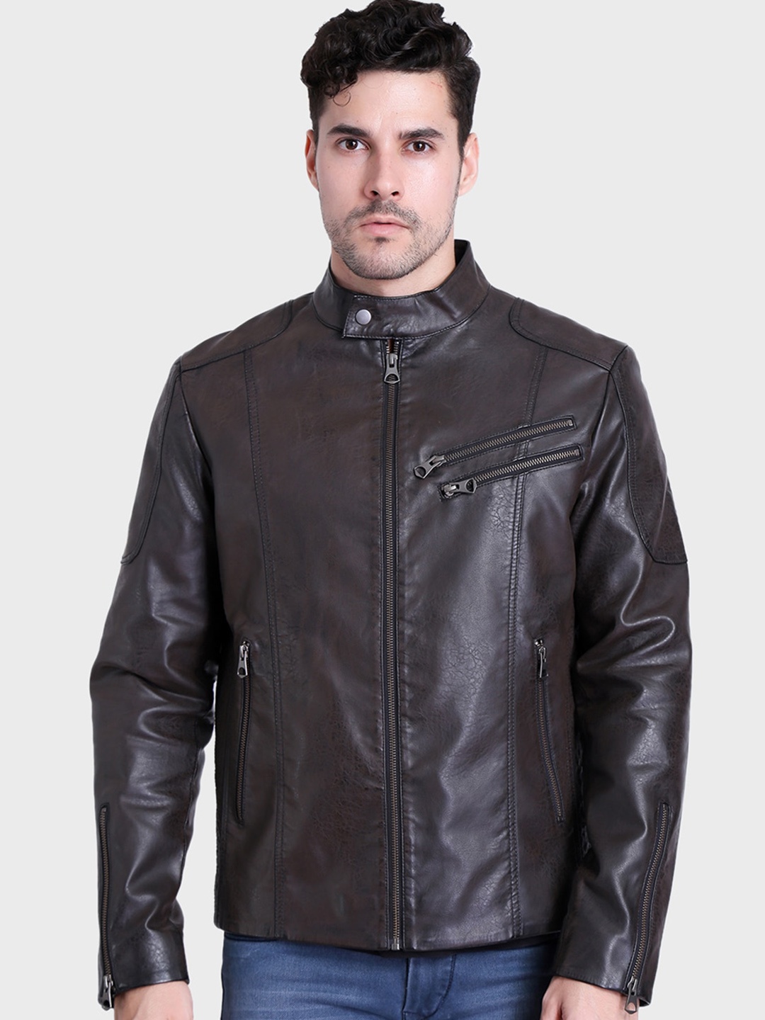 

Justanned Faux Leather Stand Collar Biker Jacket, Brown