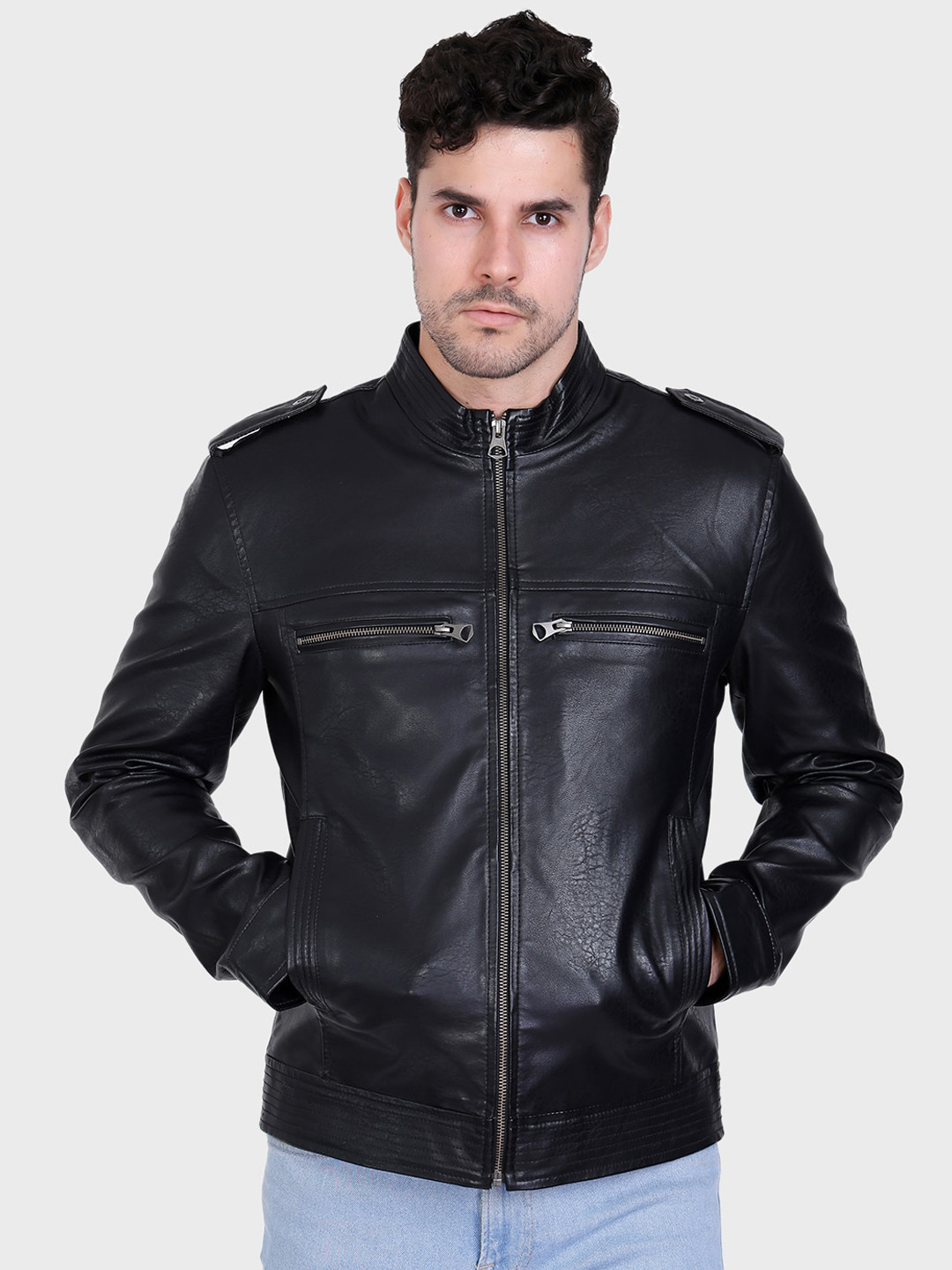 

Justanned Faux Leather Mock Collar Biker Jacket, Black