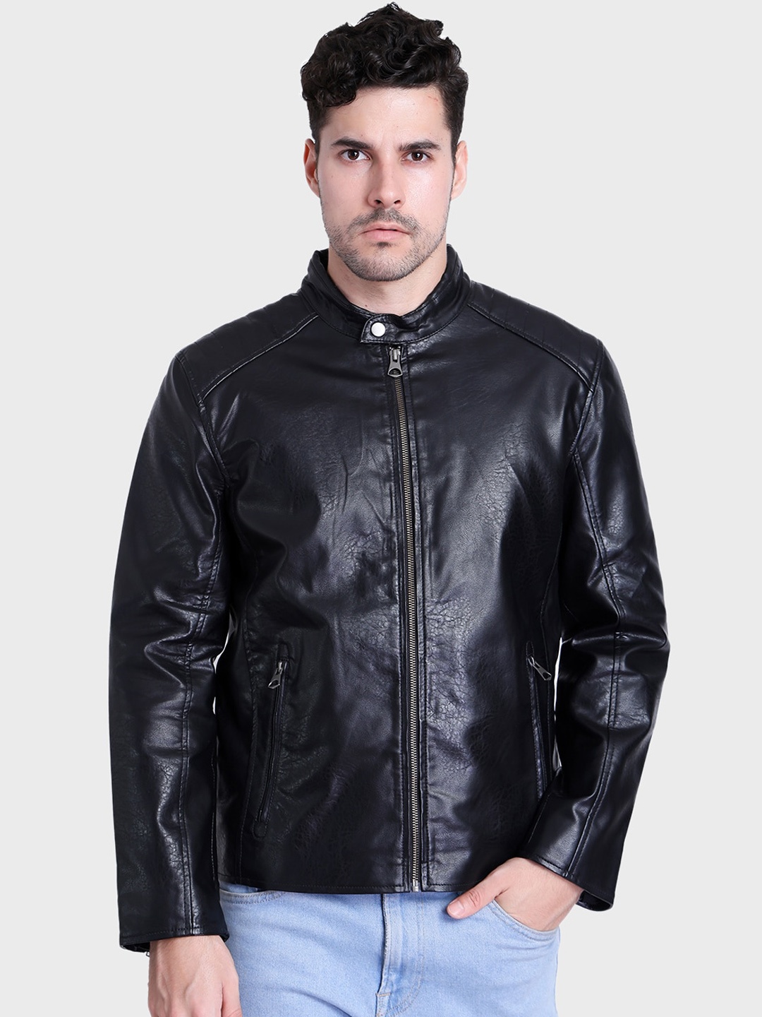 

Justanned Stand Collar Biker Jacket, Black