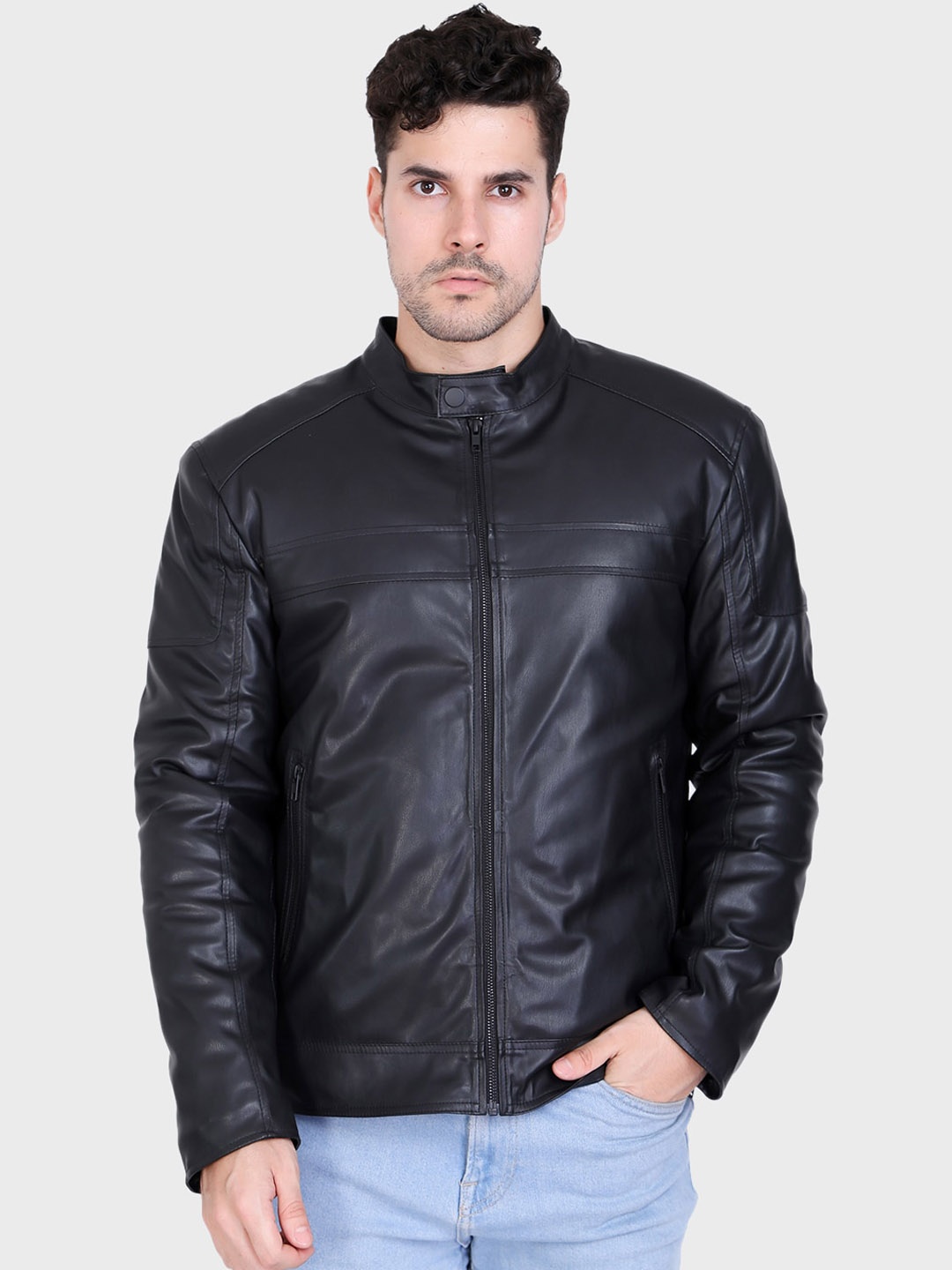 

Justanned Mock Collar Biker Jacket, Black
