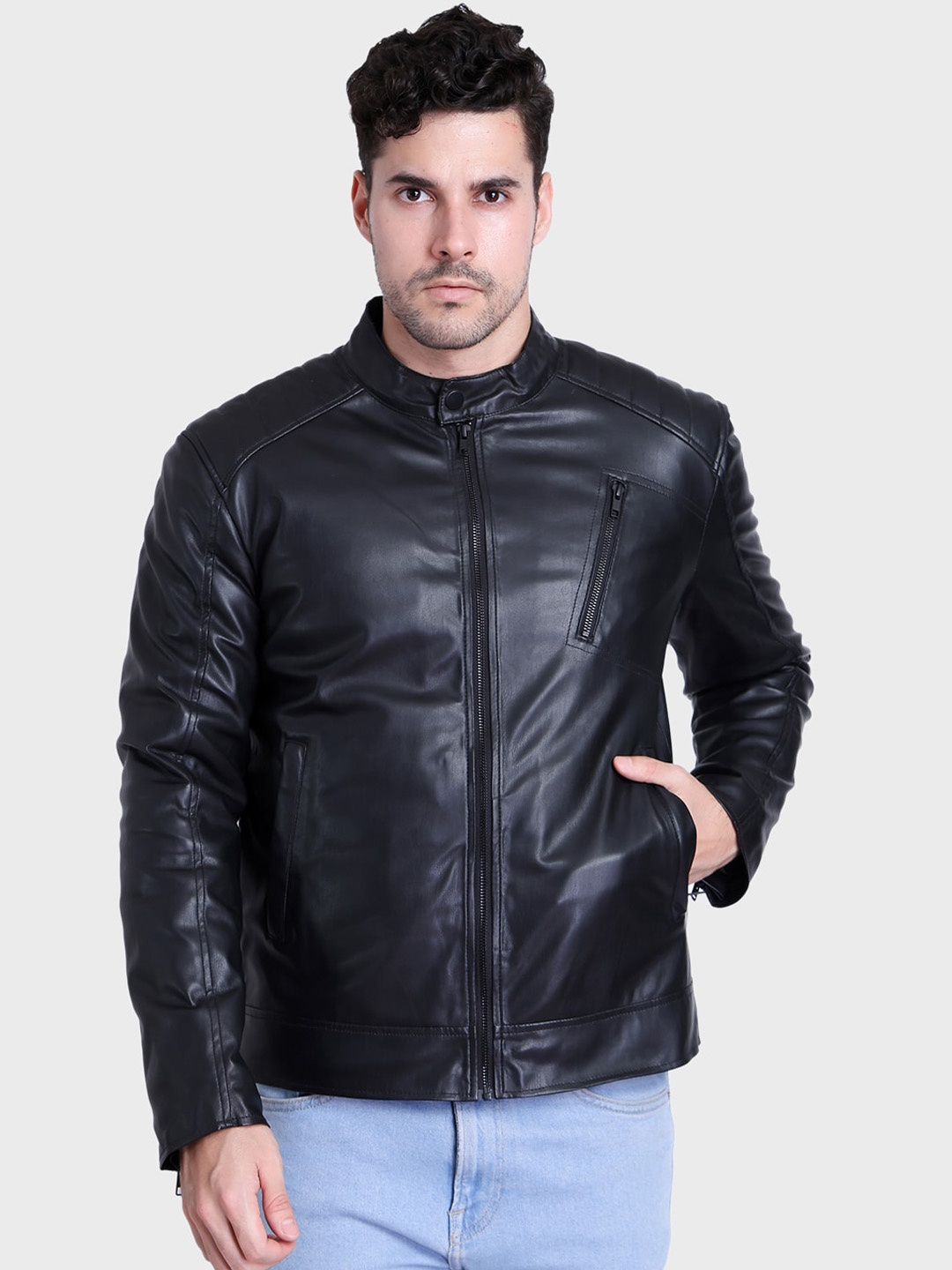 

Justanned Faux Leather Zip Detailed Stand Collar Biker Jacket, Black