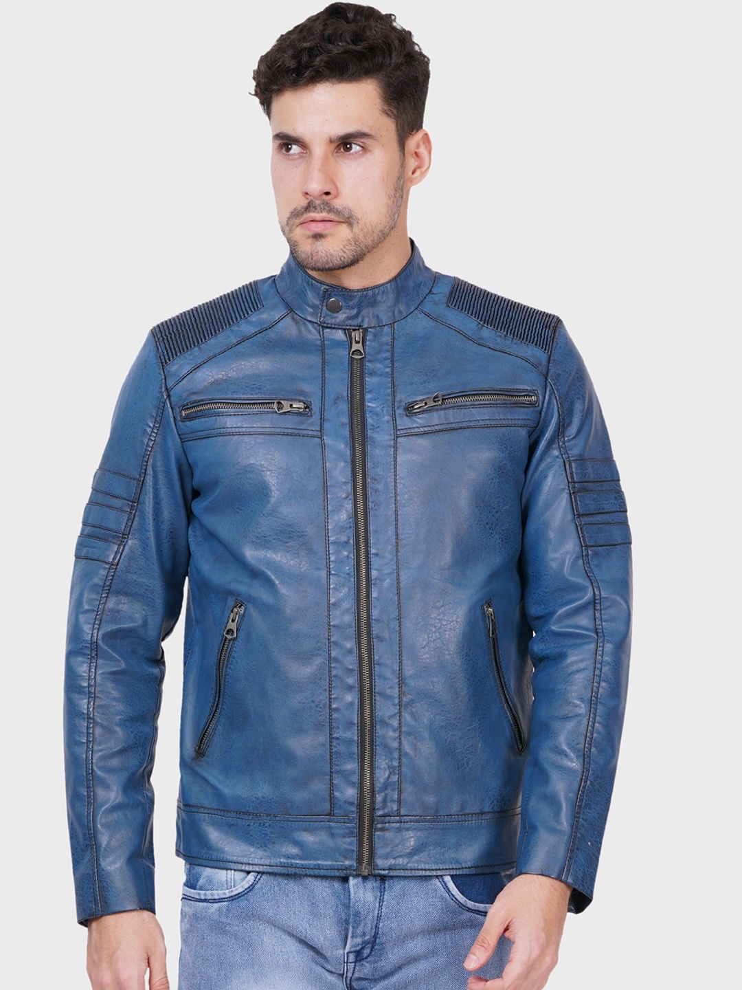 

Justanned Faux Leather Stand Collar Biker Jacket, Blue