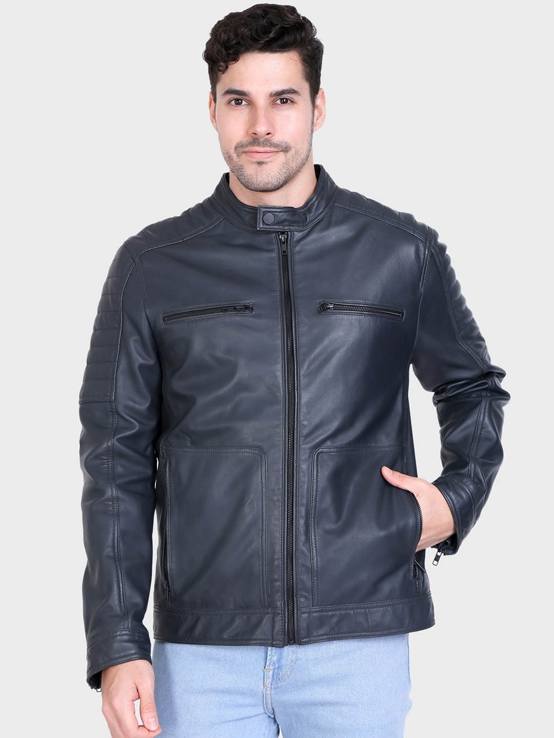 

Justanned Leather Stand Collar Biker Jacket, Blue