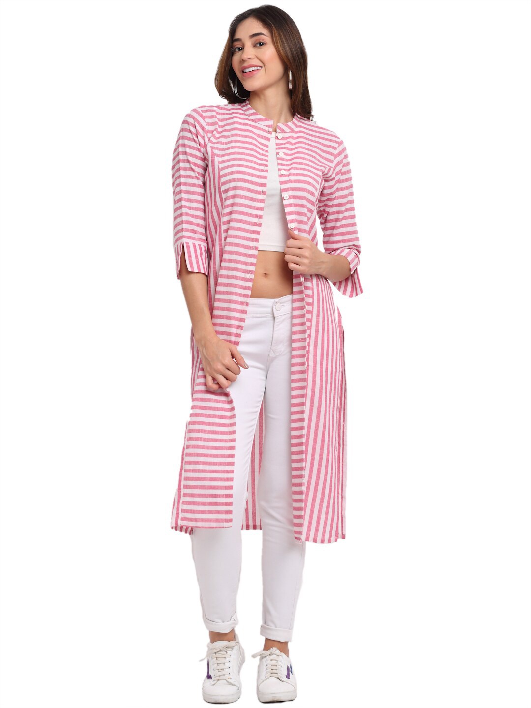 

LARGISH Striped Cotton Longline Shrug, Pink