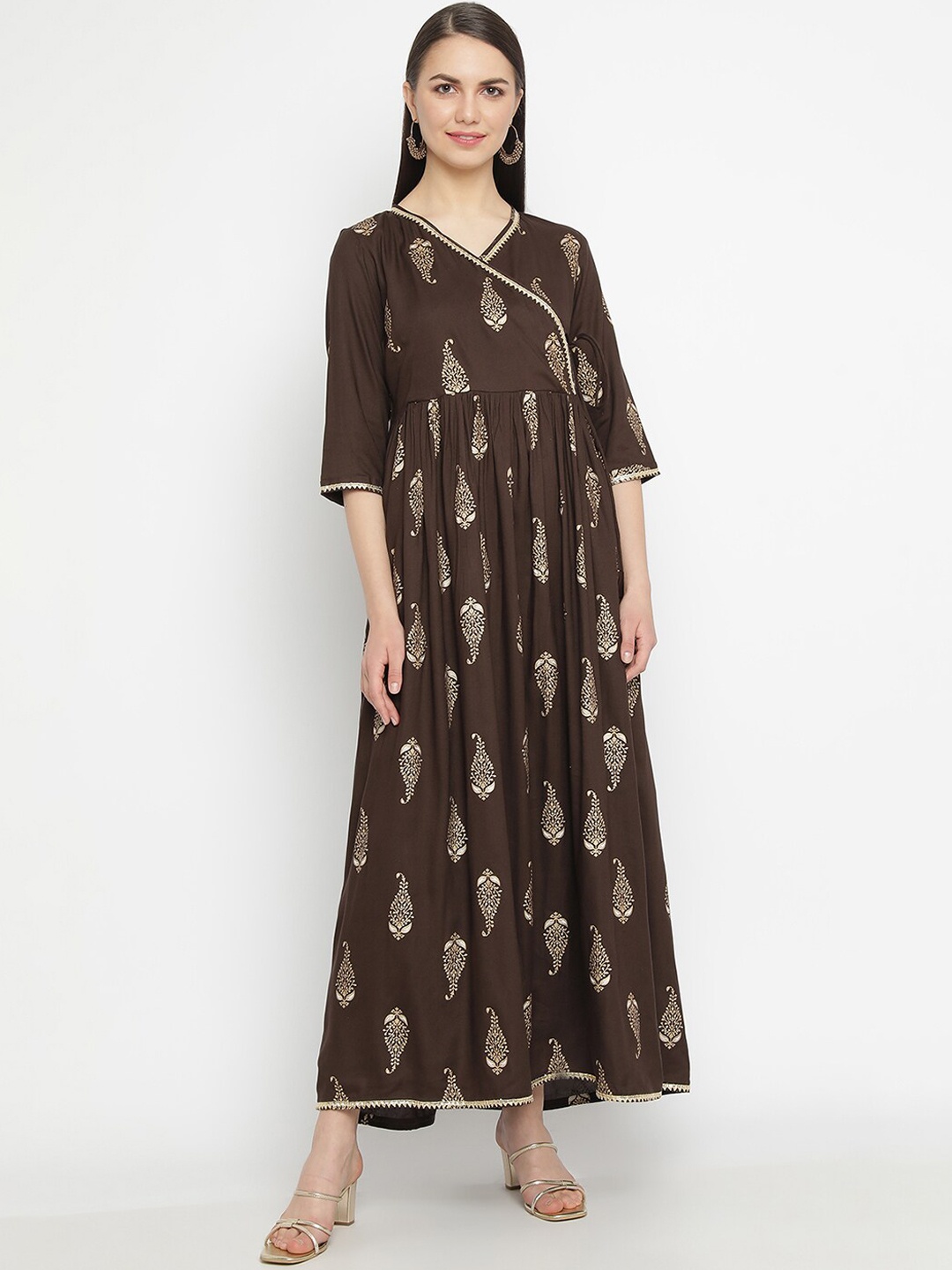 

aayusika Ethnic Motifs Printed Gotta Patti Maxi Ethnic Dress, Brown