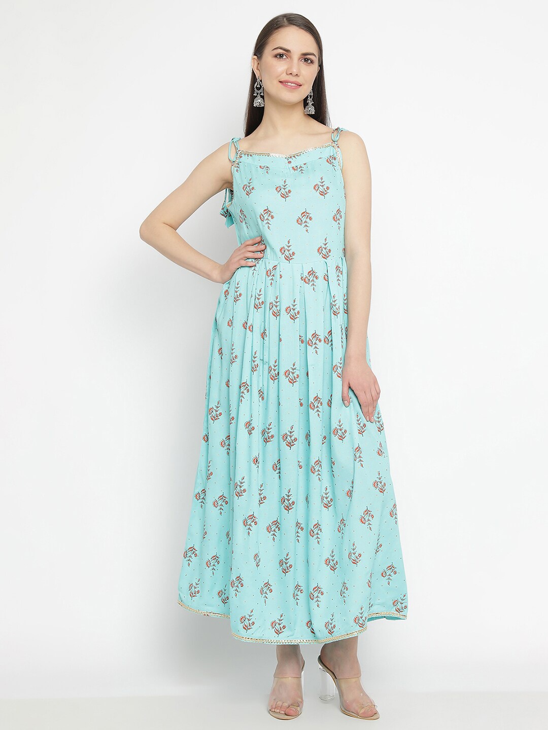 

aayusika Floral Printed Fit & Flare Ethnic Dress, Turquoise blue