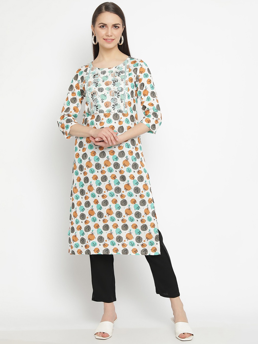 

aayusika Geometric Printed Mirror Work Straight Kurta, White