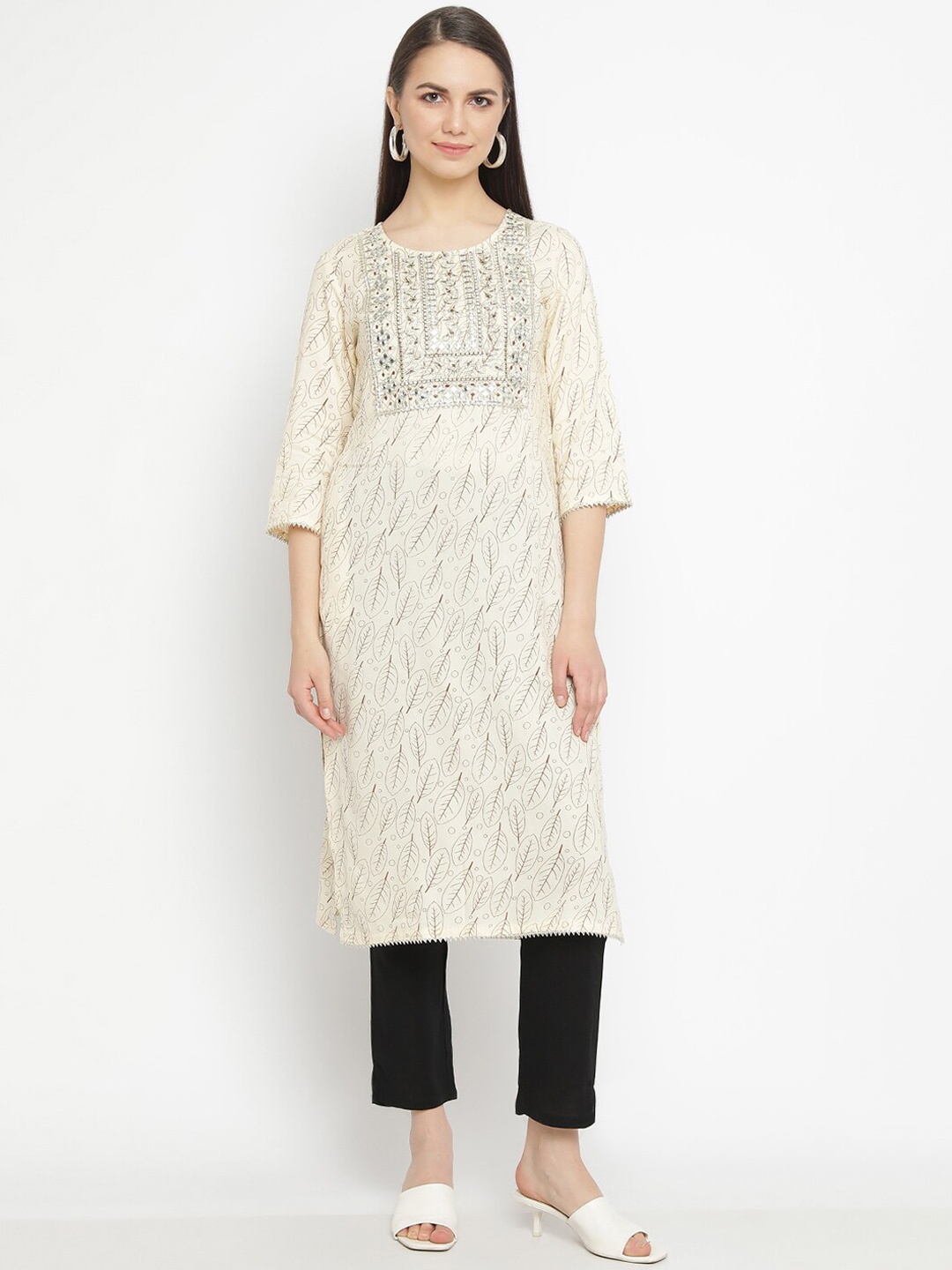 

aayusika Floral Printed Mirror Work Straight Kurta, Beige