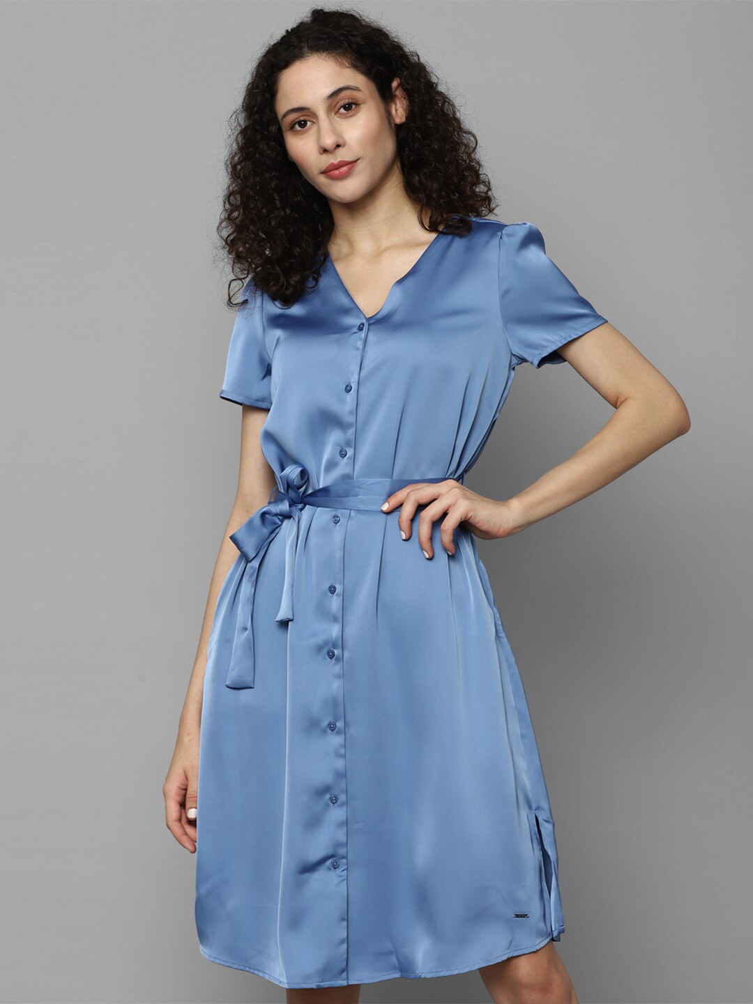 

Allen Solly Woman V-Neck Belted Shirt Style Dress, Blue