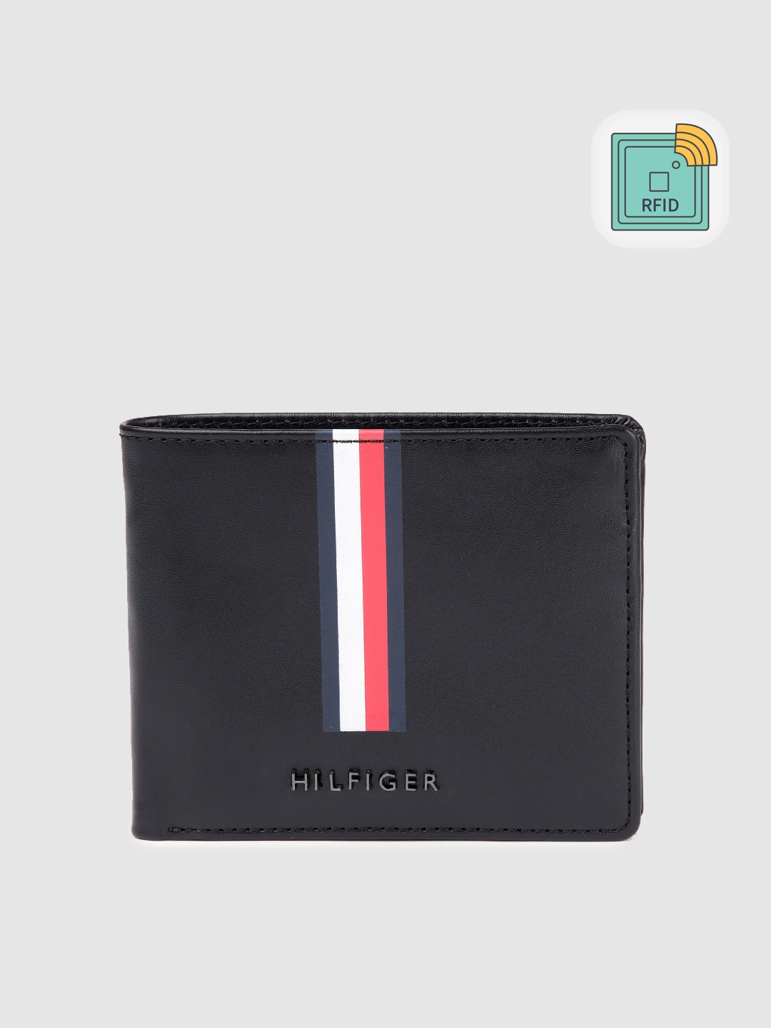 

Tommy Hilfiger Men Striped Leather Two Fold Wallet, Black