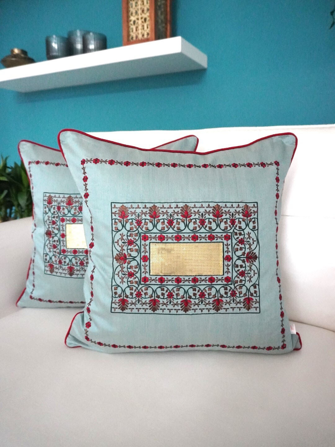 

TARA- Sparkling Homes Grey & Red 2-Pieces Embroidered Square Cushion Covers