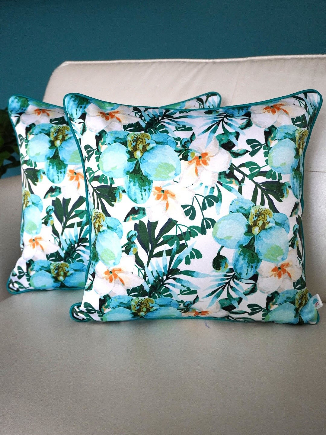 TARA- Sparkling Homes Blue & White 2-Pieces Floral Square Cushion Covers