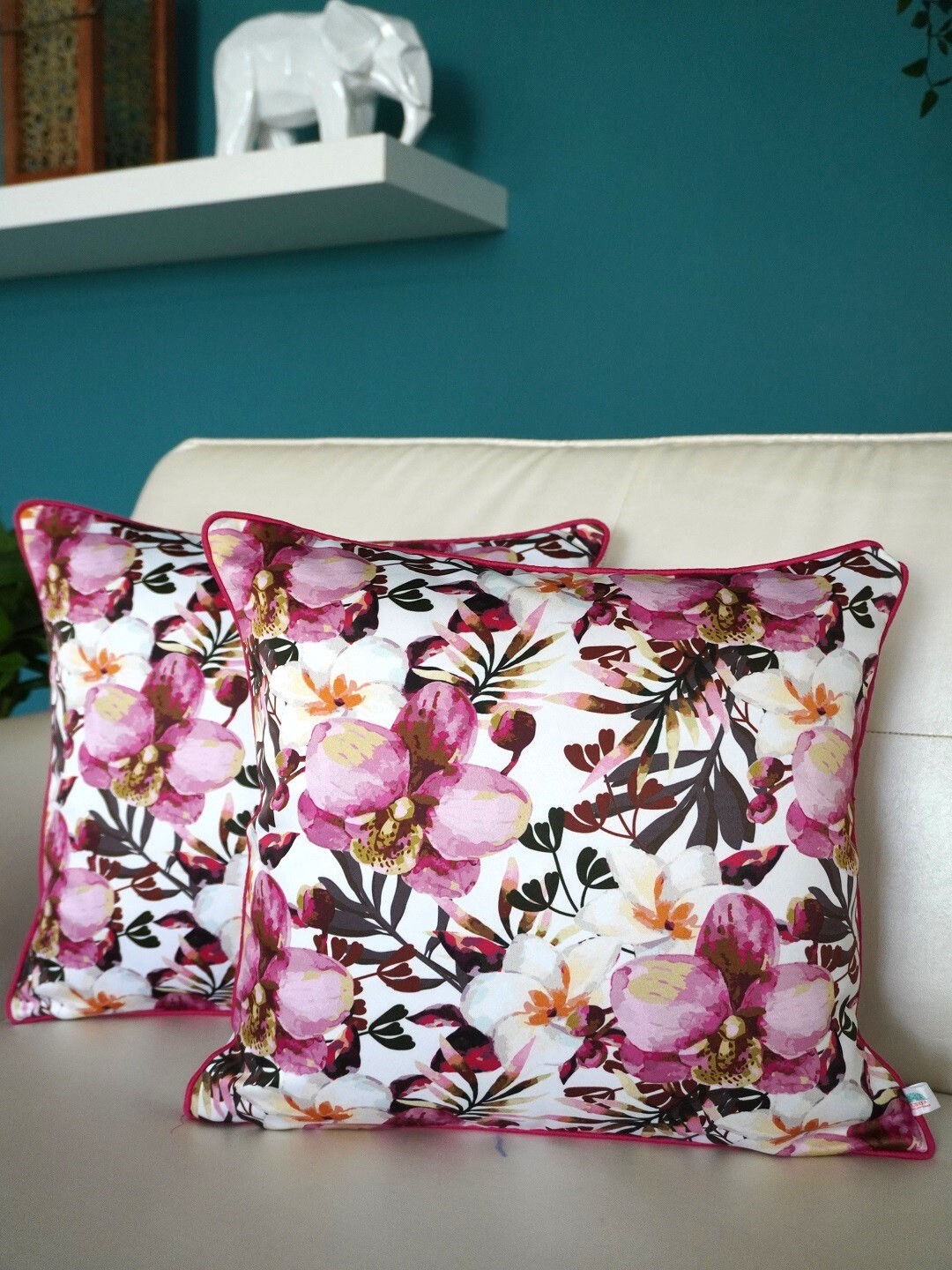 

TARA- Sparkling Homes Pink & White 2 Pieces Floral Square Cushion Covers