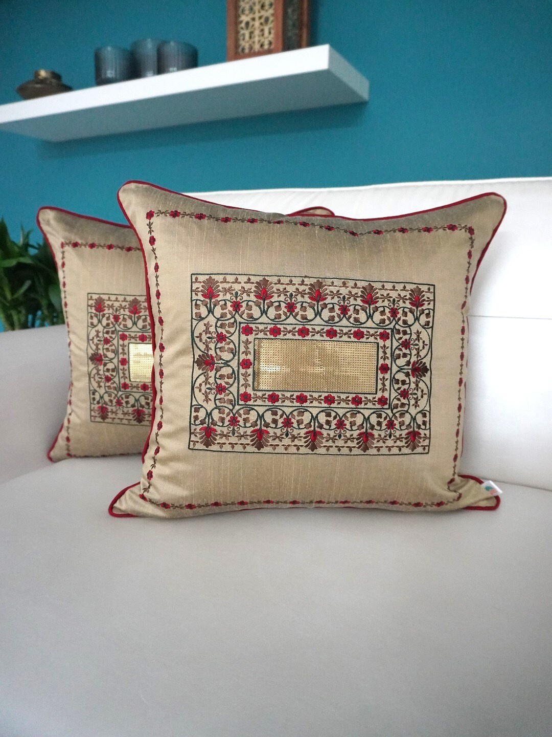 

TARA- Sparkling Homes Gold-Toned & Red 2 Pieces Embroidered Square Cushion Covers