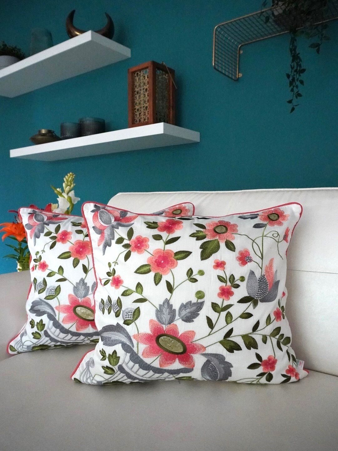 

TARA- Sparkling Homes Pink & White 2 Pieces Floral Cotton Silk Square Cushion Covers