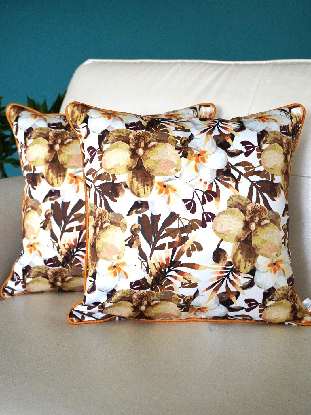 

TARA- Sparkling Homes 2 Pcs Yellow & White Floral Square Cushion Covers