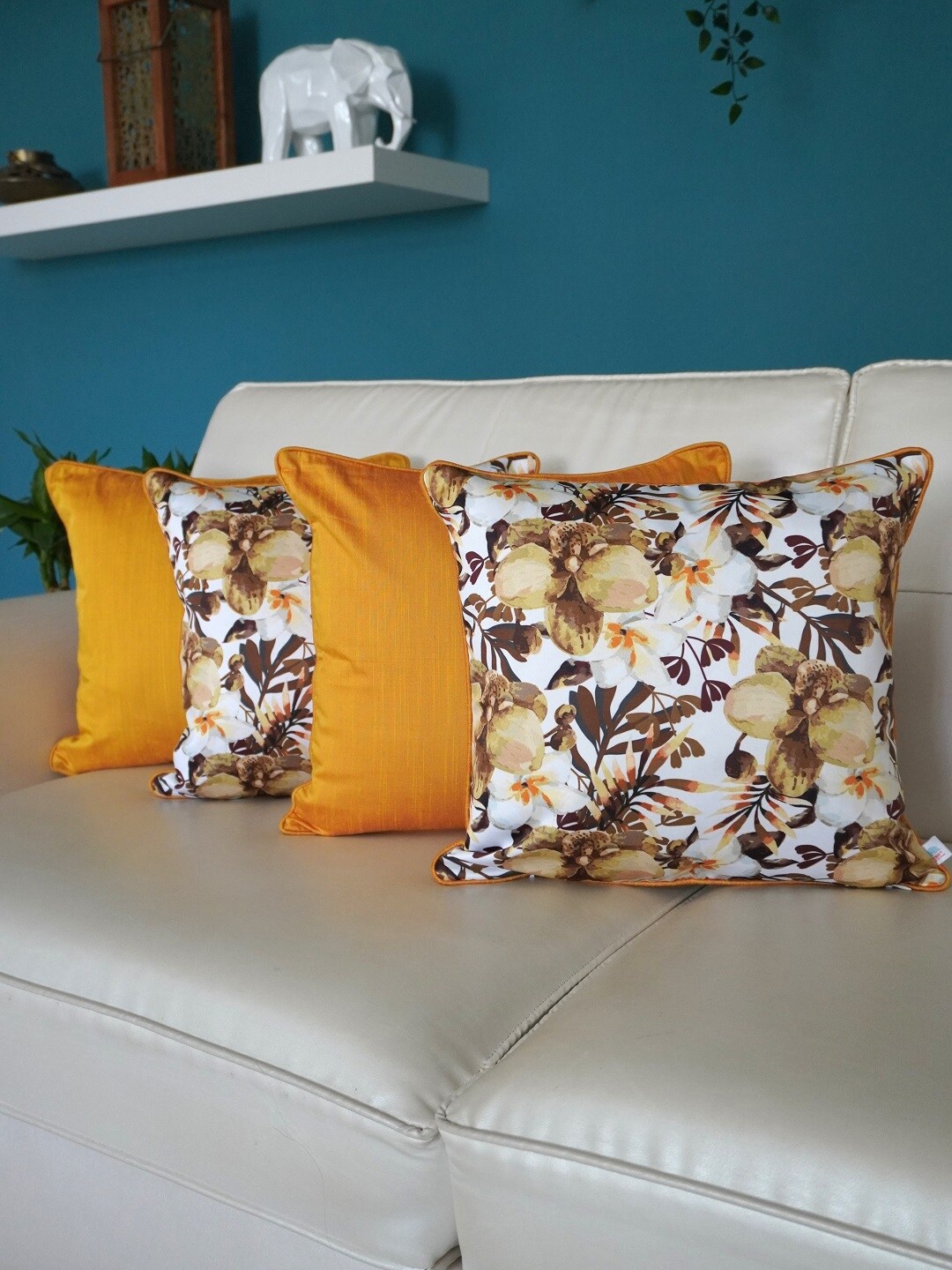 

TARA- Sparkling Homes Yellow & White 4-Pieces Floral Square Cushion Covers