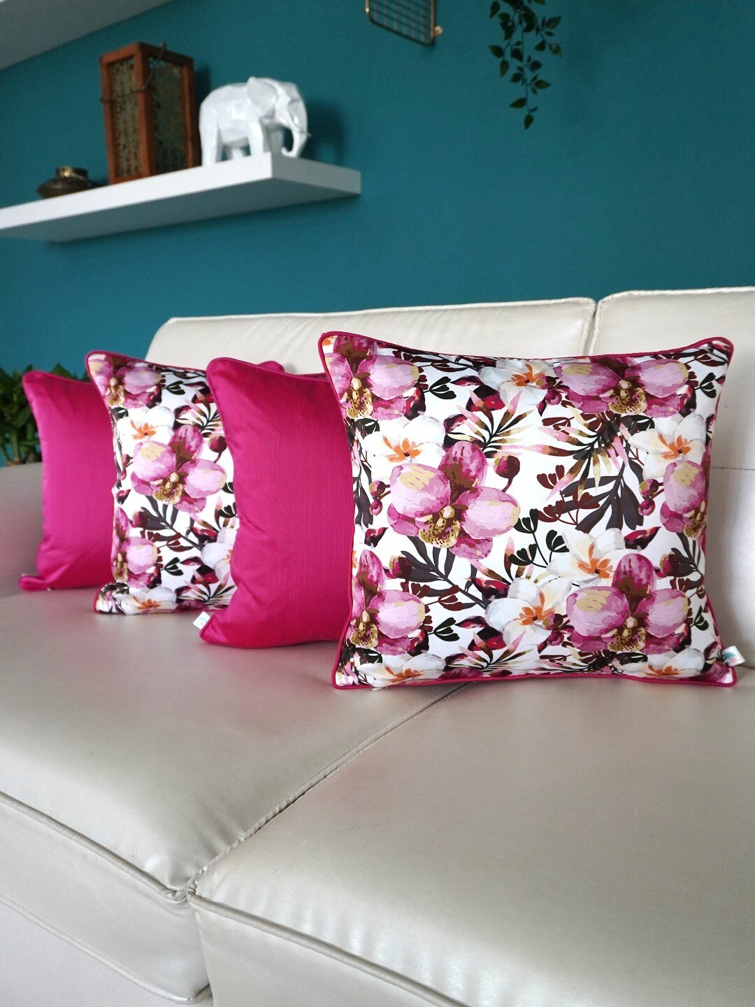 

TARA- Sparkling Homes Pink & White 4 Pieces Floral Square Cushion Covers