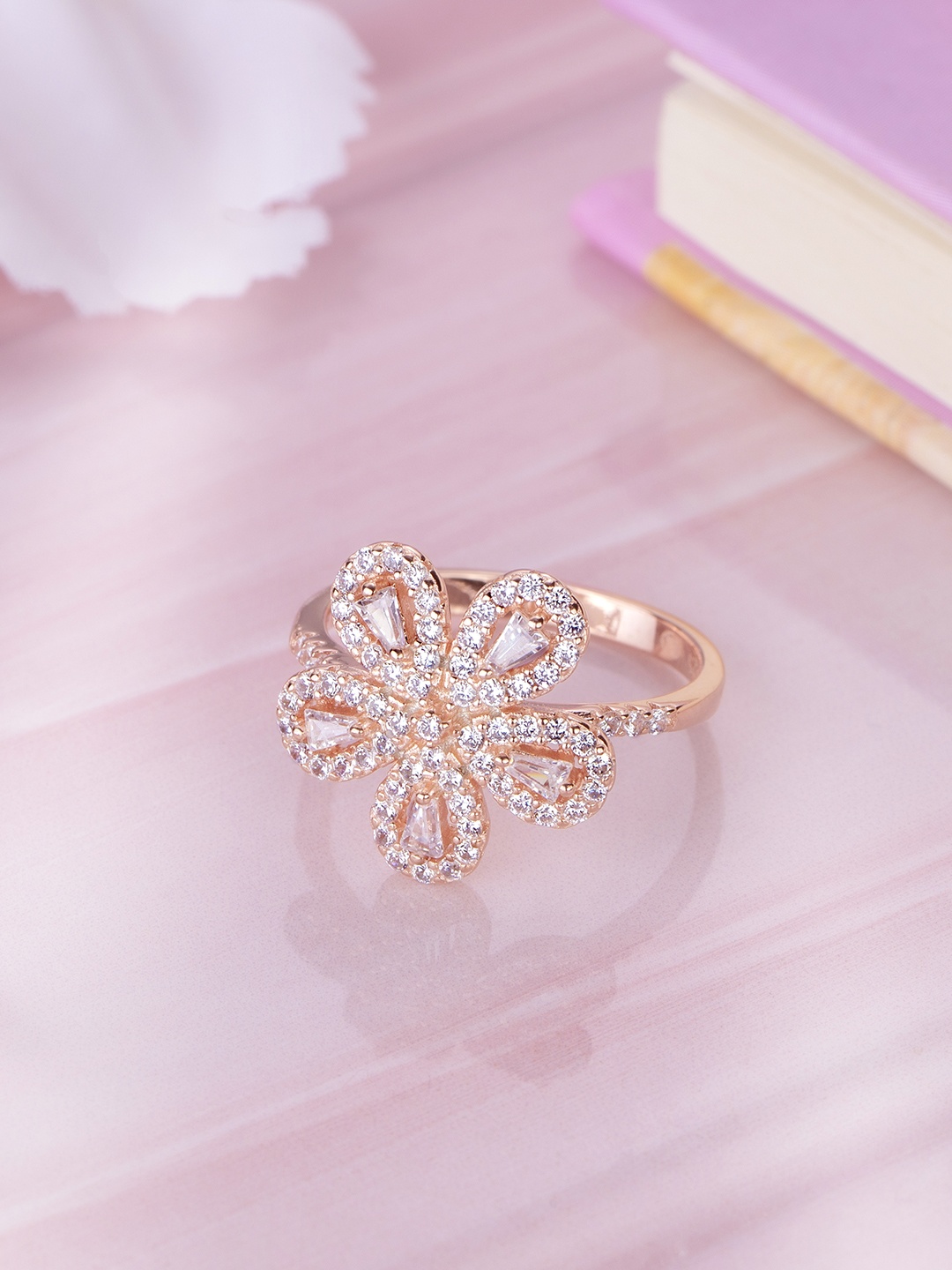 

Zavya Women 925 Sterling Silver Rose Gold-Plated CZ Studded Finger Ring