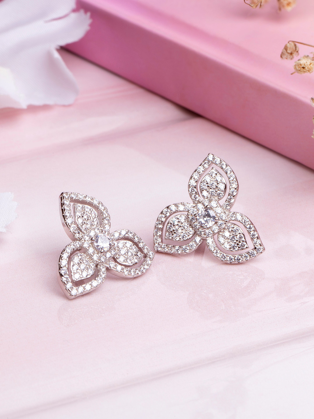 

Zavya Leaf Shaped Rhodium-Plated 925 Sterling Silver CZ Studded Stud Earrings