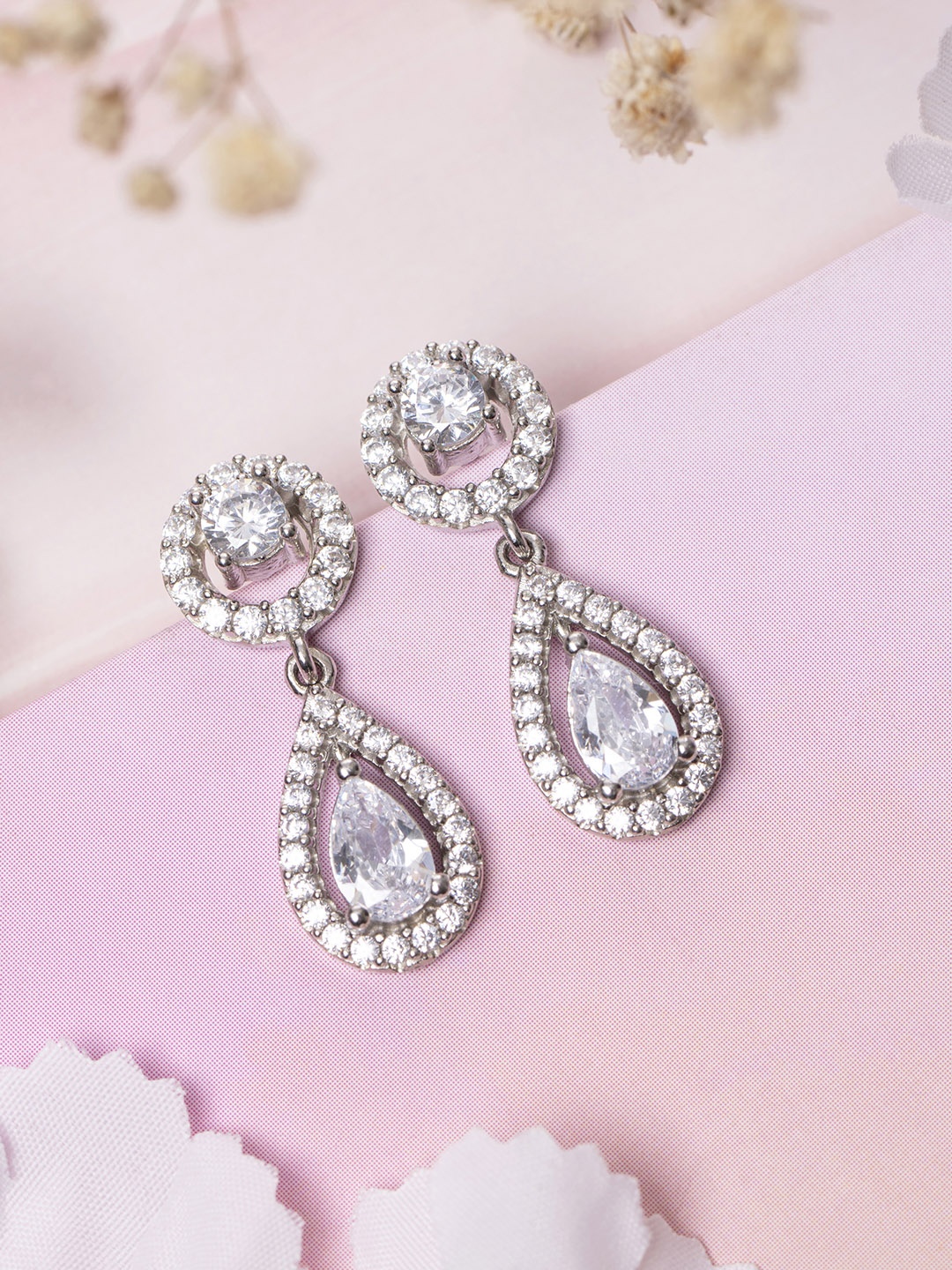 

Zavya Teardrop Shaped Rhodium-Plated 925 Sterling Silver CZ Studded Drop Earrings